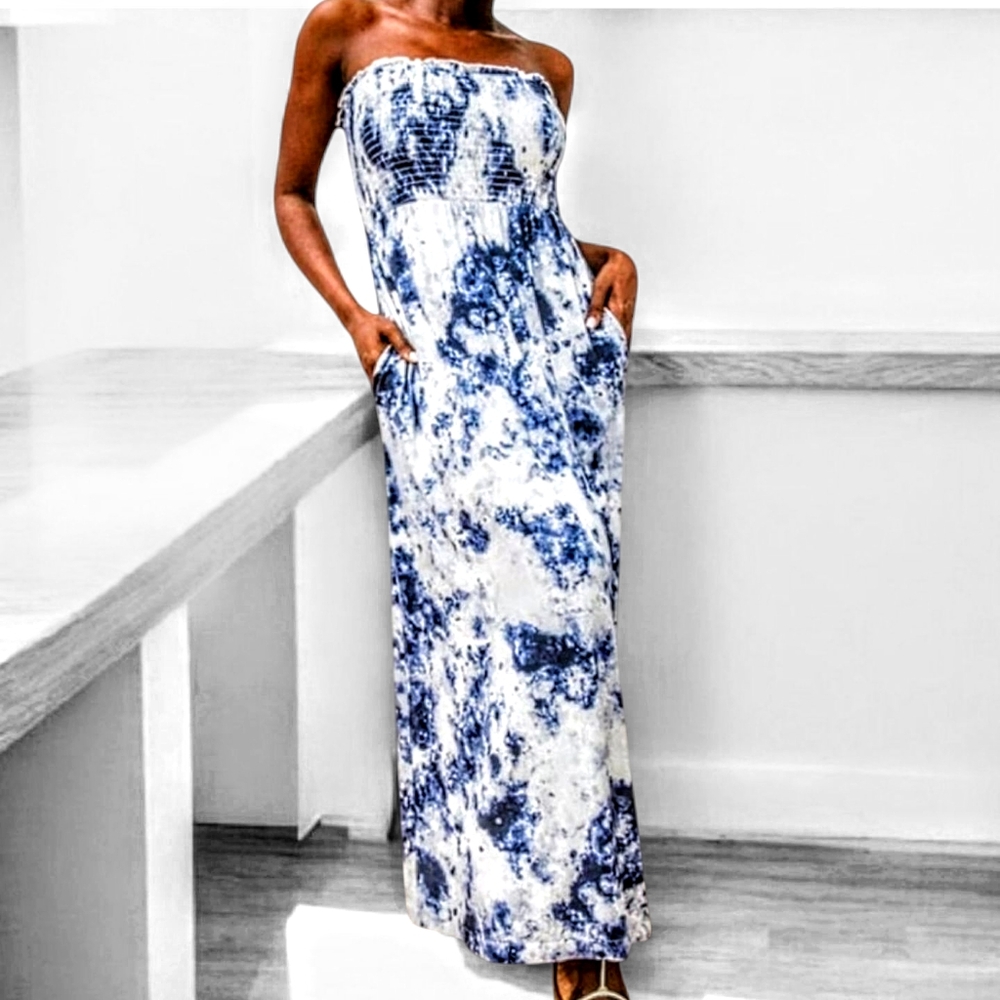 Soma NWT XS Soft Jersey Knit Rayon Maxi Dress Built in Bra Batik Denim Blue